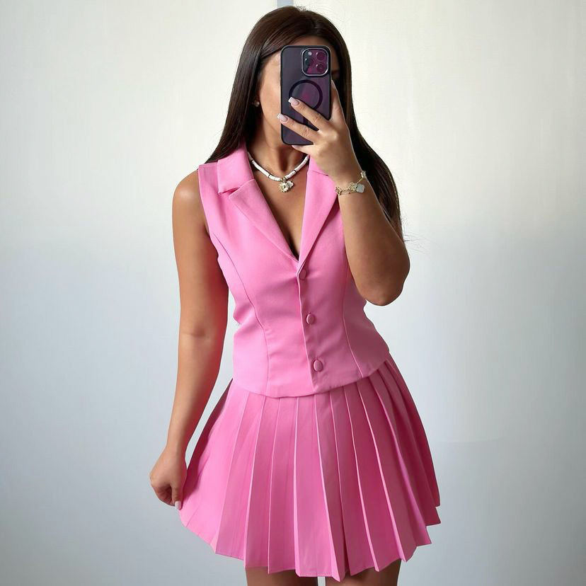 African Spring/Su New European American Women's Outfit: Sleeveless Vest And Pleated Short Skirt Two-Piece Set For_ecoleips.com