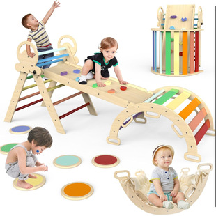 Toddler Indoor Solid Wood Climbing Toys Foldable Climbing Set with Arch Ramp Slide Home Pine Multi-Layer