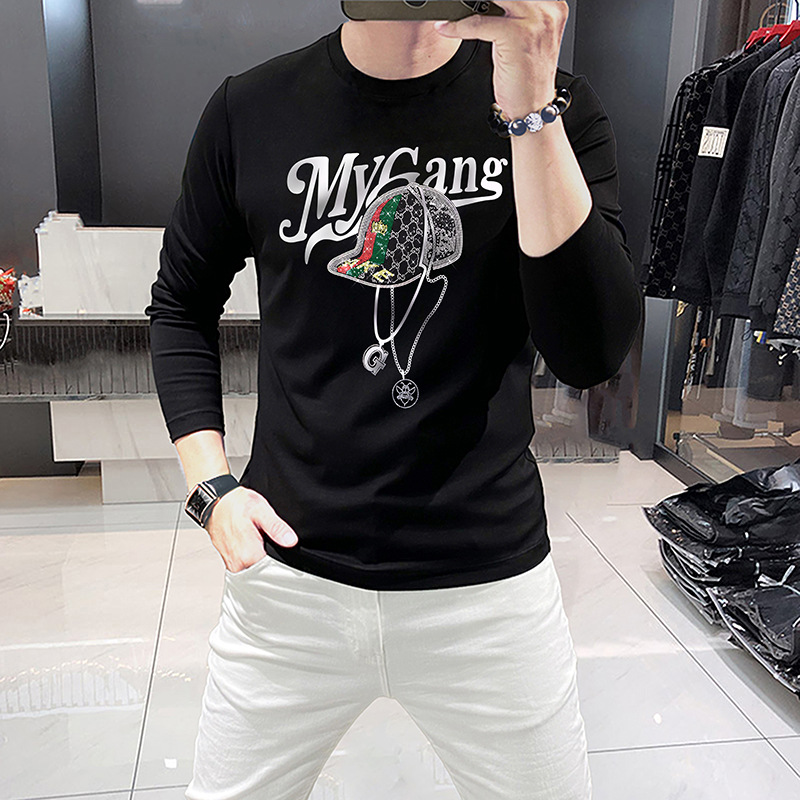 2024 Spring Autumn New Men's Long Sleeve T-Shirts Luxury Round Neck Shirts Hat Rhinestone European Men's Tops Slim Fit Trendy Shirts Men_voghion.com