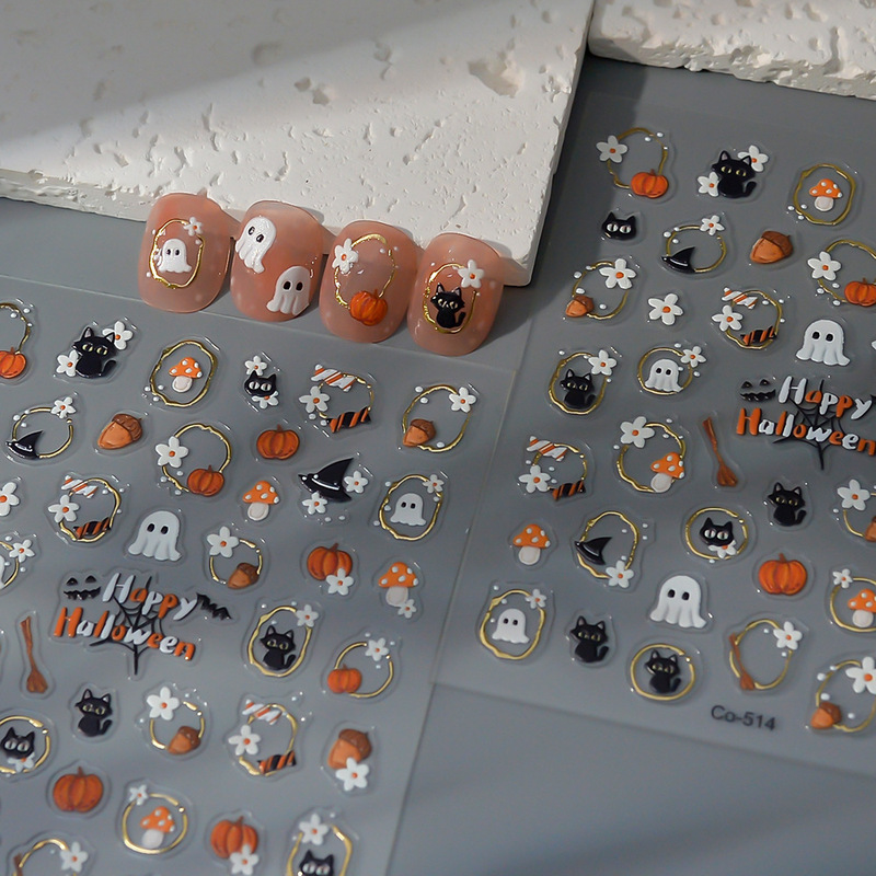 Nail Art Factory Black Cat Ghost Halloween Nail Art Stickers Cute Bronzing Flower Window Cat Pumpkin Nail Stickers