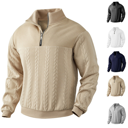 Autumn and winter men's sweater jacquard 8-character stand-neck pullover loose casual semi-zipper top coat