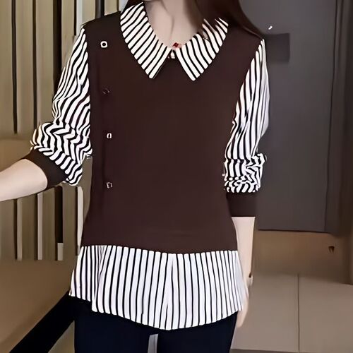 Fake two-piece foreign-style slimming new fashionable stripe splicing casual age-reducing base top long-sleeved shirt