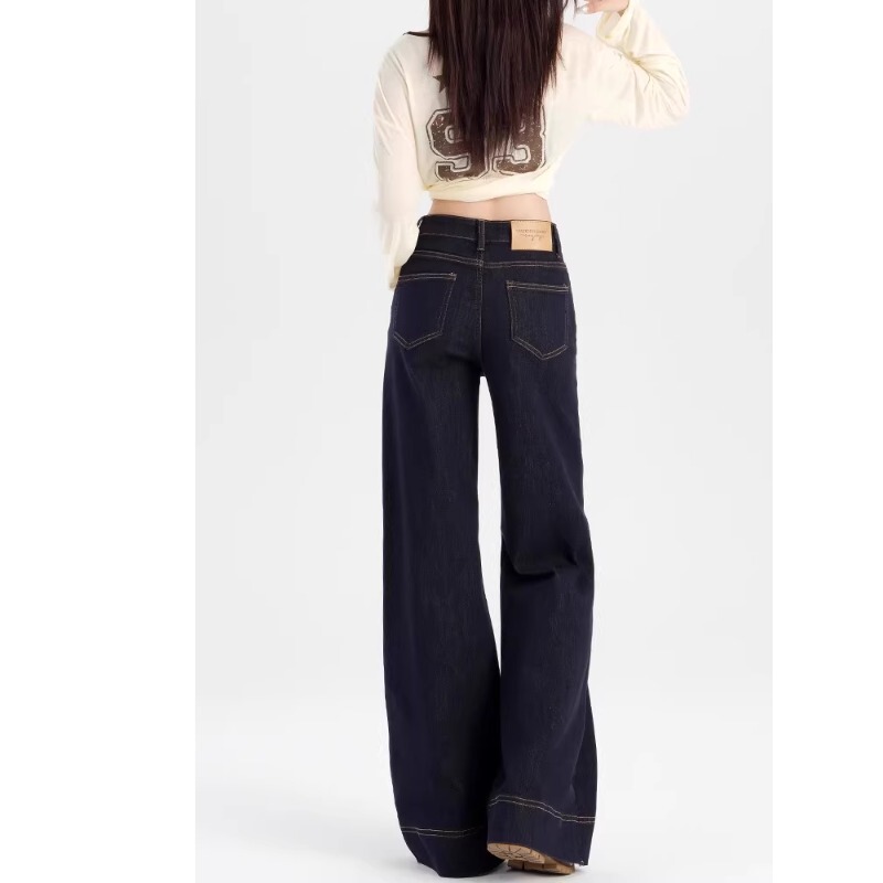 Plus Size Denim Blue Straight-Leg Bootcut Jeans for Women Spring and Summer 2025 New Dark Blue Slimming Look Wide-Leg Floor-Length Pants