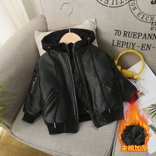 Children's cotton-padded leather coat autumn and winter new children's fake two-piece leather jacket for men and women's baby coat trendy
