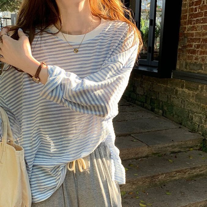 Plus-Size Striped Long-Sleeve T-Shirt for Women, Summer Thin Ice Silk Loose Design, Unique and Stylish Sun-Protective Cover-Up Top