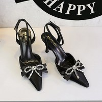 8381-AH133 European and American style sexy banquet with empty flat belt women's shoes, rhinestone ribbon bow pointed single shoes