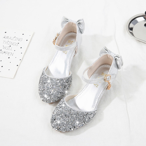  New Summer Korean Style Girls' High-Heeled Sandals Children's Versatile Princess Shoes Silver Color Little Girls' Cap-Toe Shoes