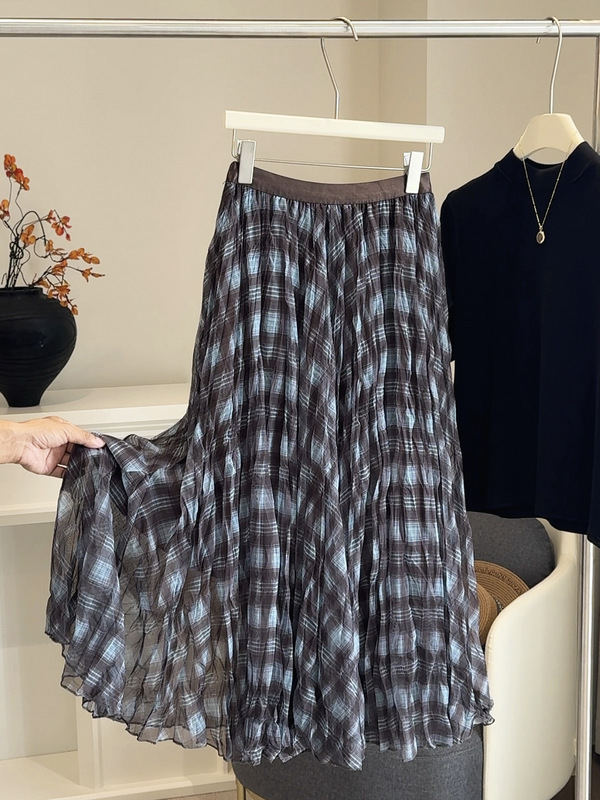 Mesh Stitching Contrasting Plaid Skirt for Women Autum 2025 New High-Waisted Draped Pleated Loose Large Hem Umbrella Skirt