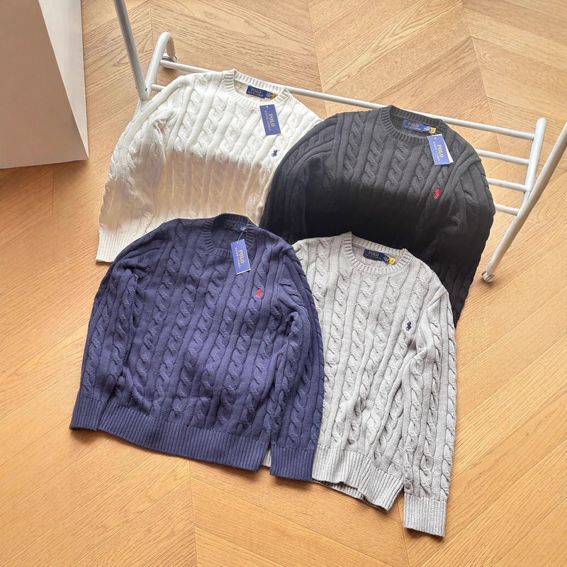 Cross-Border High-Quality R*L Raff Pony Logo Round Neck Thick Twisted Hemp Pure Color Long-Sleeved Knitwear for Men and Women