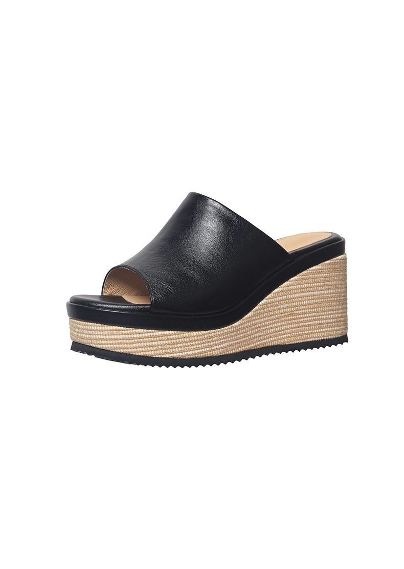Sandal cao gót nữ mũi hở đế xuồng bọc cói phong cách La Mã — màu đen, màu trắng ngà chi tiết 21