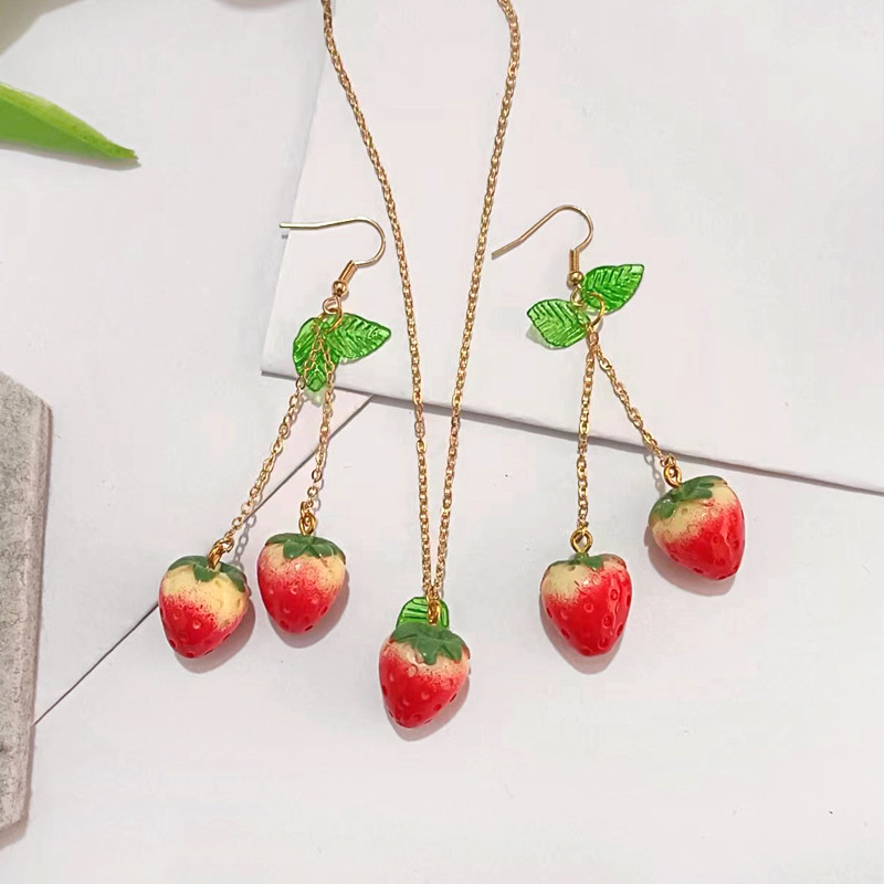 6g Weight Earrings, Necklace Classification 1 Piece, 1 Pair Quantity Daily, Street Occasion Resin Material Strawberry Pattern Women's Gender Fruit Design Cute, Sweet Style Cute Sweet Strawberry Resin Fruit Women's Earrings Necklace 9