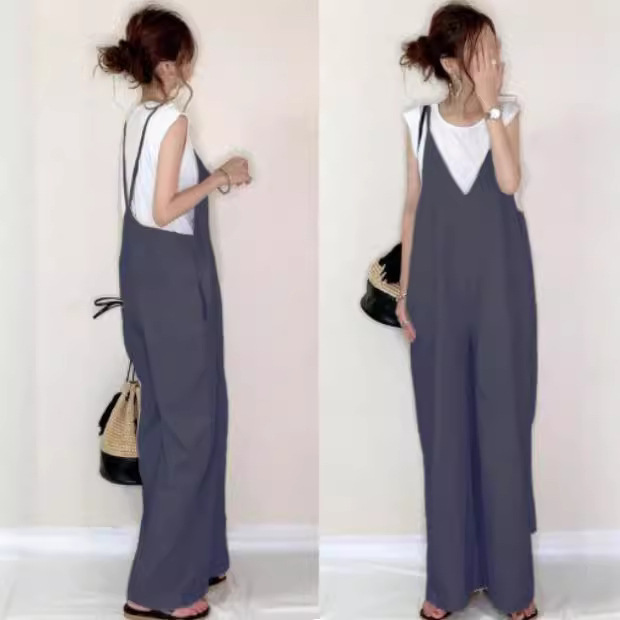 国境を越えた連体ズボンの対外貿易2024夏の新型日系女装吊り下げズボンの純色のカジュアルなゆるいズボン|undefined