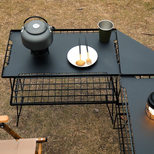 Outdoor Grid Table, BBQ Table Corner Gas Stove IGT Iron Mesh Table Camping Table Top Panel Set Outdoor Dining Table