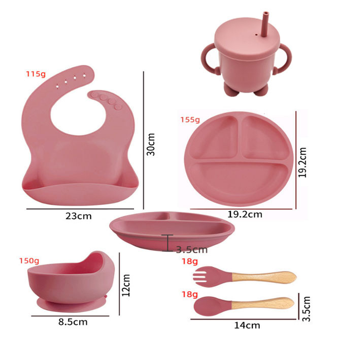Venta caliente transfronteriza promoción precio bajo suplemento alimenticio de silicona para niños plato tazón tenedor cuchara babero seis piezas vajilla certificación completa