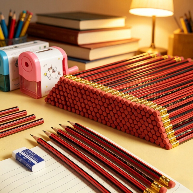 Hb&2B Pencil Red Pole Continuous Core Hexagonal Pencil Primary School Students Writing Test with Leather Tip Pencil Learning Stationery