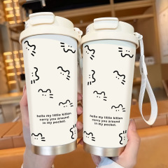 シンプルなラインの猫魔法瓶カップストロー大容量ウォーターカップポータブルコーヒーカップ新しいスタイルのダブルドリンクポート高価値