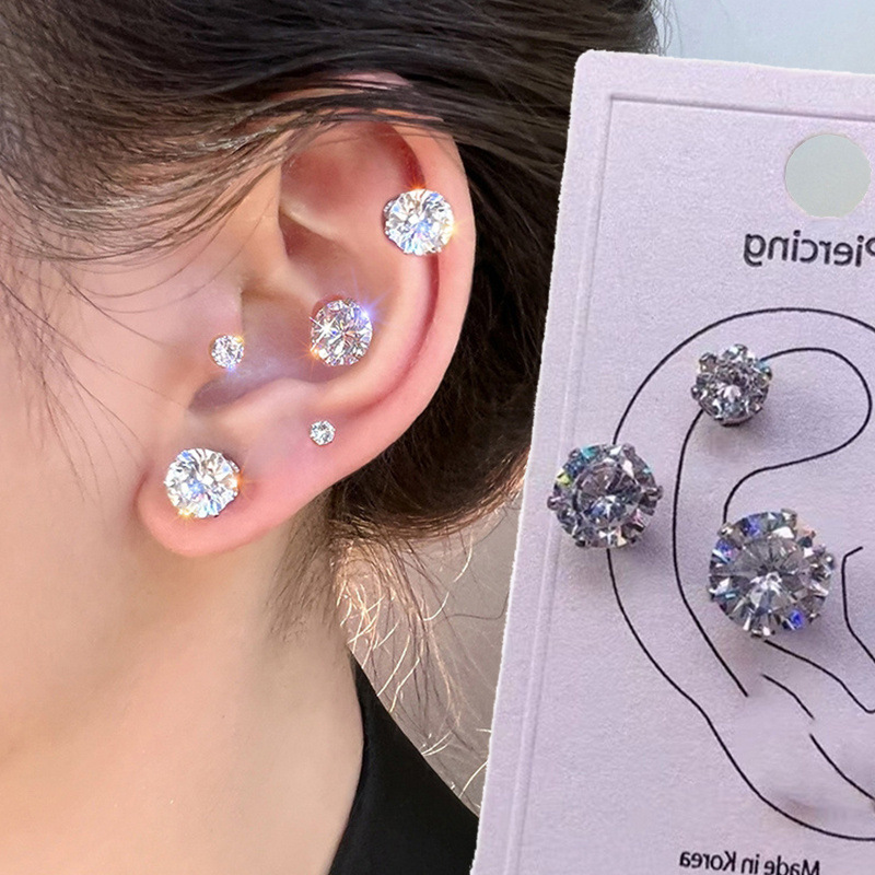 Fashion Geometric Titanium Steel Inlay Zircon Ear Studs 1 Piece