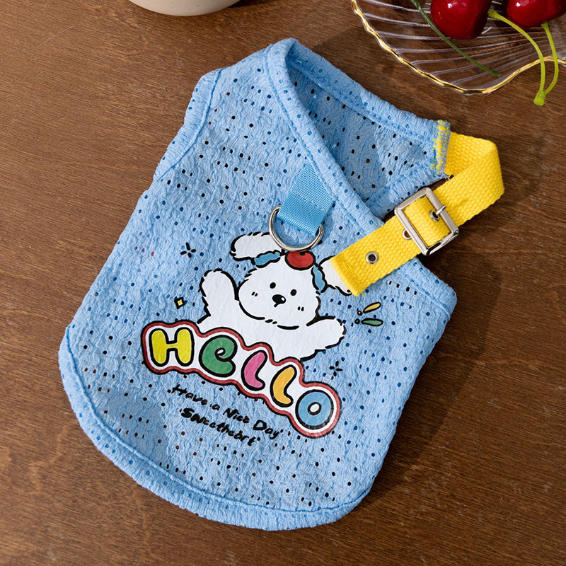 Primavera y verano perros lindos perros correa hueca impresa chaleco gatos perros pequeños y medianos peluche ropa de perro