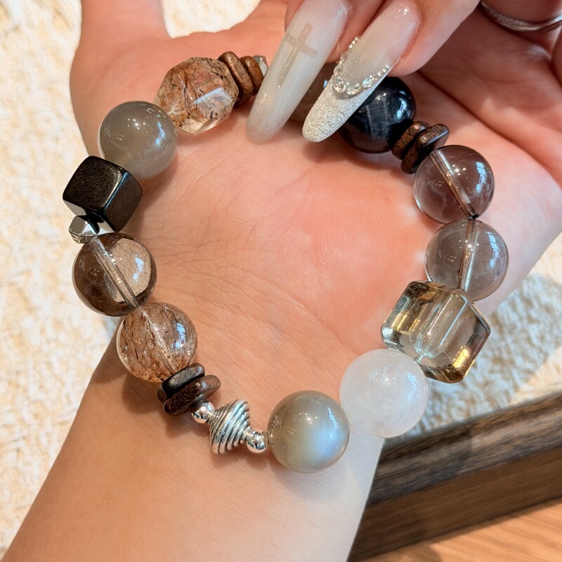 Natural crystal smoky quartz tea crystal bracelet, crystal bracelet for women, high-quality white crystal multi-treasure design gift