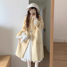 奶黄色翻领彩色扣毛呢外套女秋冬季小个子高级感中长款呢子大衣