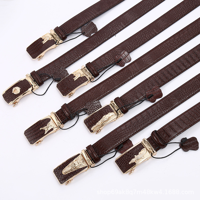 New Crocodile Logo Automatic Buckle Crocodile Texture Leather Belt Men's Business Formal Wear Durable Multi-Color Versatile Cowhide Waist Belt