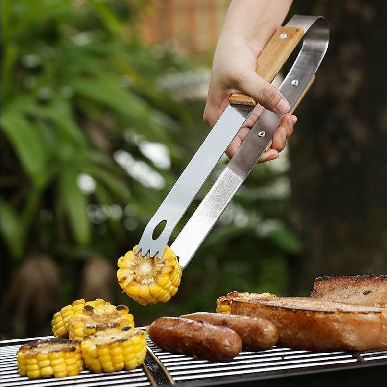 Mango de madera de acero inoxidable al aire libre conjunto de parrilla de parrilla de camping portátil herramientas de barbacoa para el hogar