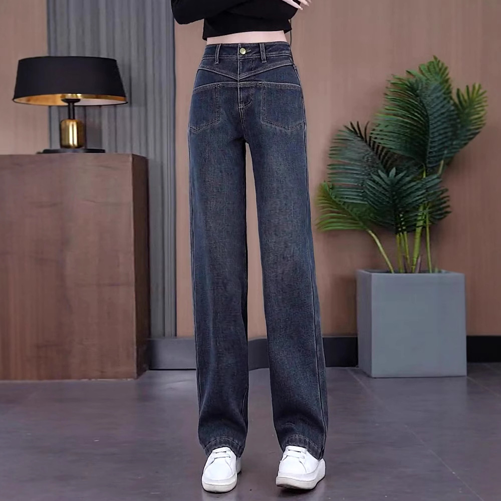 Straight jeans plus velvet for women in spring and autumn 2024 new high-waisted slim loose retro thickened narrow version wide-leg pants