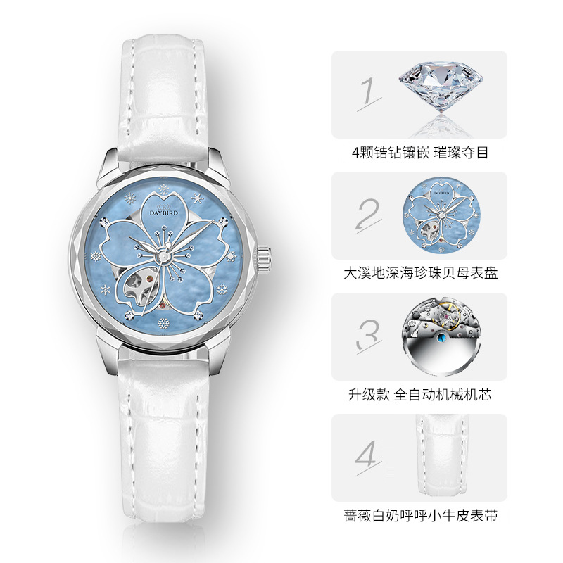 Daybird New Fashion Rose Small Dial Cut Out Fully Automatic Mechanical Movement Waterproof Women's Watch