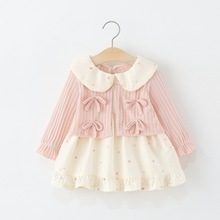 童装女童连衣裙春秋季儿童女宝宝娃娃领碎花蝴蝶结假两件公主裙子