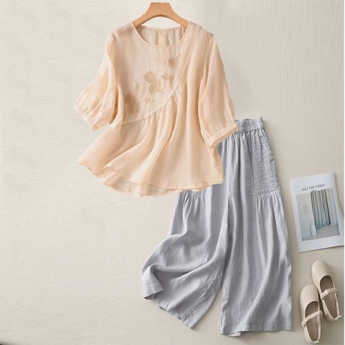 Summer New Fashion Set Round Neck Five-Pointer Short Sleeve Cotton Linen Embroidery Literary Slimming Retro Loose Casual Pants