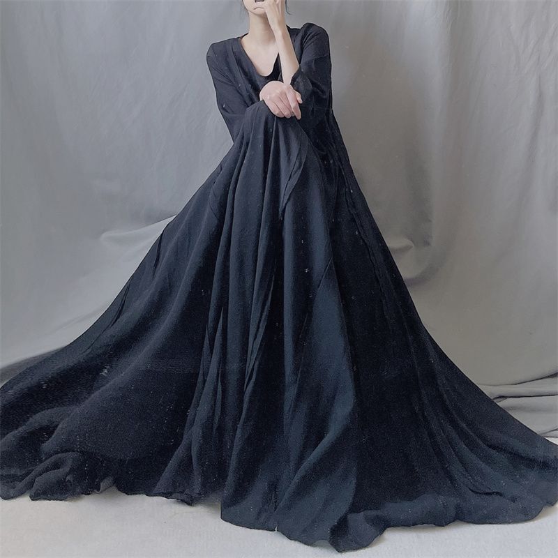 2023 Spring and Autumn Minimalist Extra Long Ankle-Length Big Hem Raw Edge Patchwork Heavy Dress Round Neck Long Sleeve Loose Long Elegant