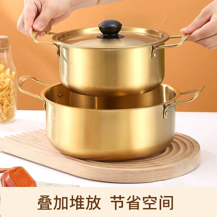 Корейский двухручный золотистый котёл для рамена из нержавеющей стали с крышкой, для лапши и супа, сетевой хит, для дома/ресторанов