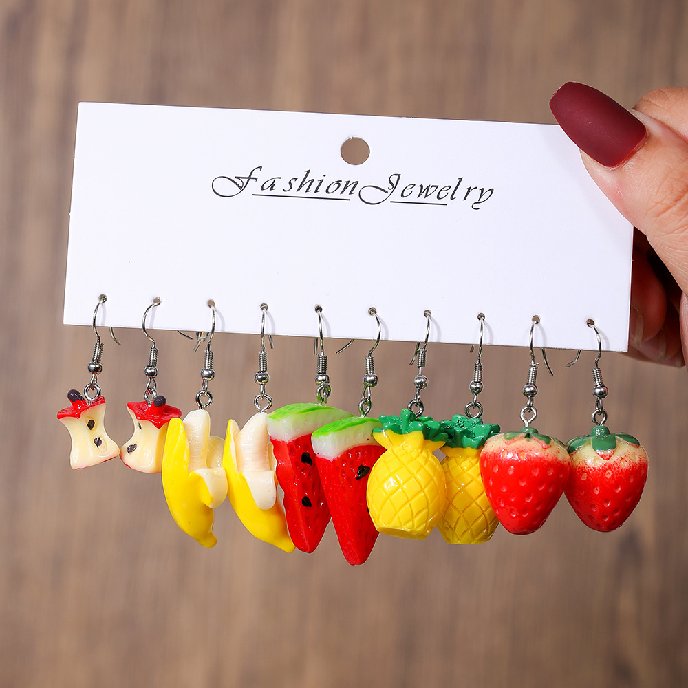 Combinación de pendientes de acrílico de resina de venta caliente de Amazon transfronterizo verano diversión fruta animal pequeño 5 pares de pendientes