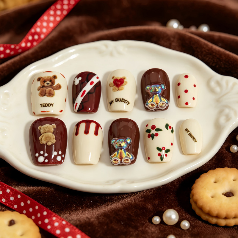 Coffee Bear Autumn and Winter Aurora Nail Art, Hand-Painted, Purely Handmade Nail Tips, Wearable Short Nail Tips, Removable Style Coffee Bear Autumn and Winter Aurora Nail Art, Hand-Painted, Purely Handmade Nail Tips, Wearable Short Nail Tips, Removable Style
