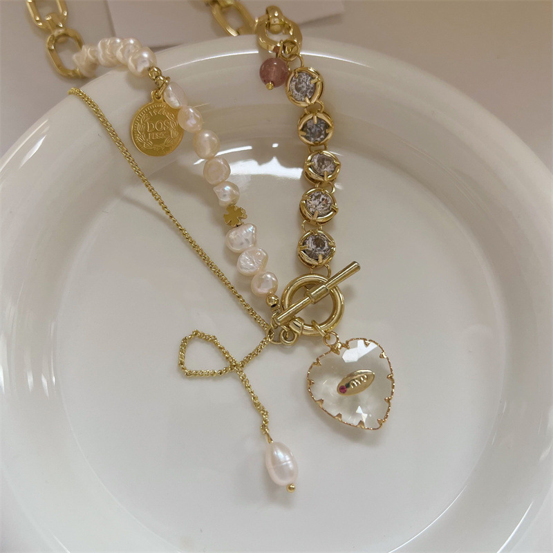 38g Weight 14K Gold Plated Plating Material Glass Pendant Material Necklace Classification Copper Chain Material 1 Piece Quantity Casual Occasion Freshwater Pearl Material Heart Shape Pattern Women's Gender Plating Design Fairy Style Style Fairy Style Heart Shape Freshwater Pearl Plating 14K Gold Plated Women's Necklace 7