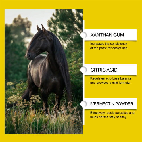 Apple-flavored horse dewormer with mild plant extracts, non-irritating, apple taste, portable package for horse use.