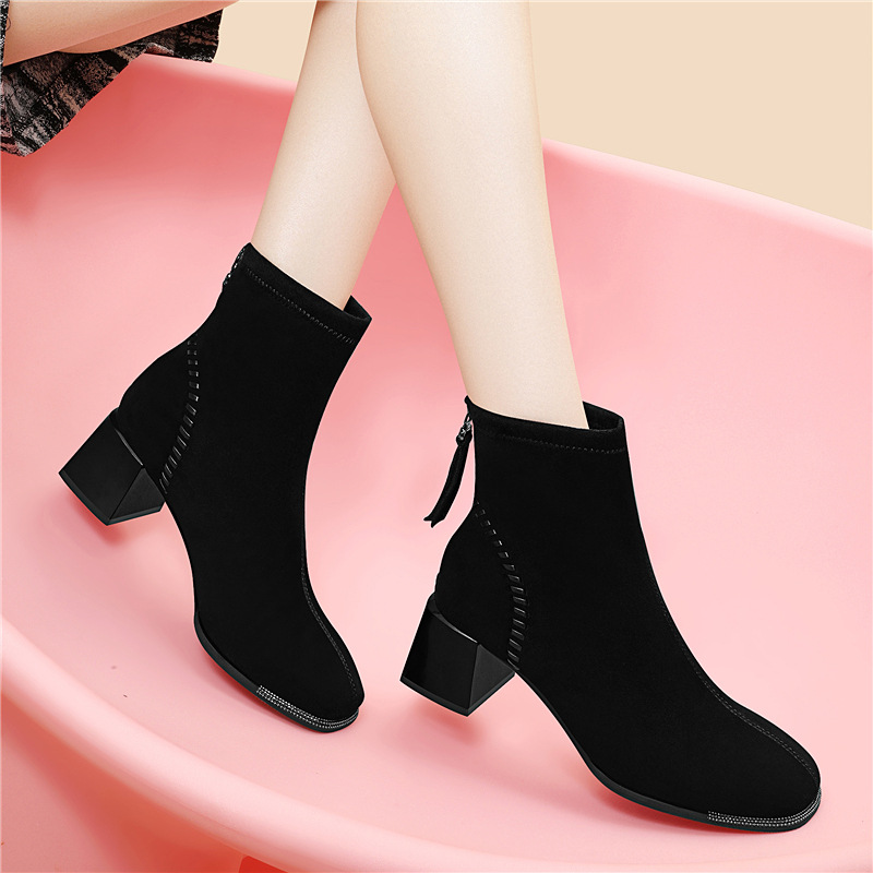 2025 Fall/Winter New Black Fleece-Lined Chunky Heel Ankle Boots Suede Slim Boots Square Toe High Heel Chelsea Boots Cotton Shoes_vogvips.com
