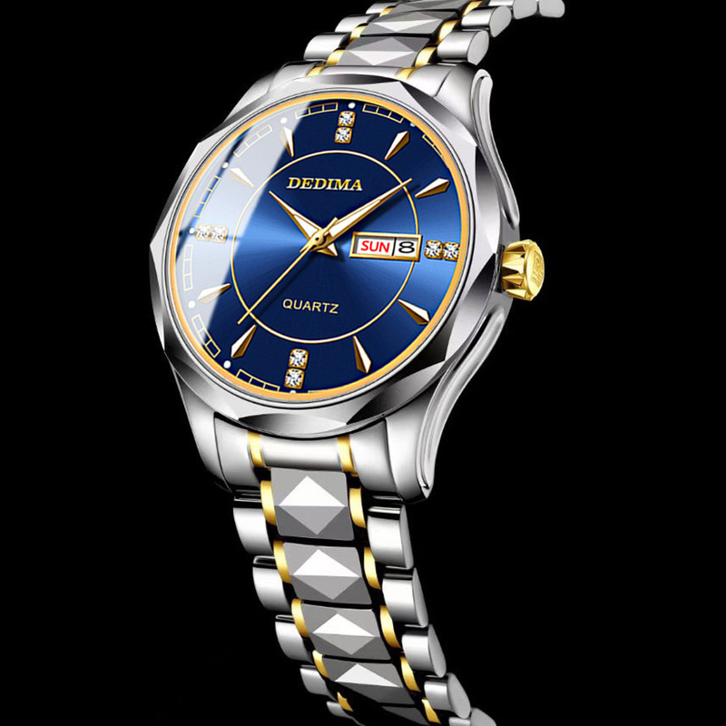 High-End New Trendy Fashion Men's Watch Waterproof Tungsten Steel Color Calendar Quartz Wristwatch Tiktok Hot-Selling Butterfly Clasp
