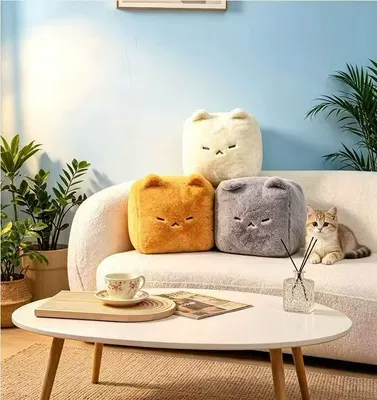 Nosey Bear Lamb Wool Cat-Shaped Moldy Tofu Plush Pillow Cute Cushion Sofa Living Room Decorative Doll Pillow (Oyuncaq yastıqlar) - milky-white-25cm