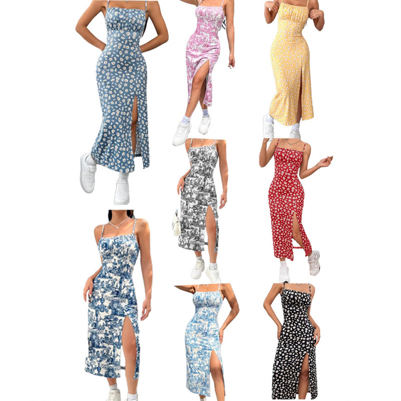 Cross-border 25-year explosions autumn suspenders wrapped chest high slit small daisy leopard print hip long dress