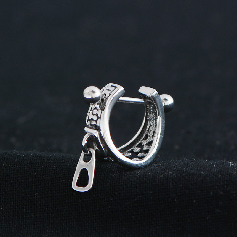 Unique zipper head men's retro earring temperament new earrings 925 silver plated earrings women's cold Hong Kong style earrings