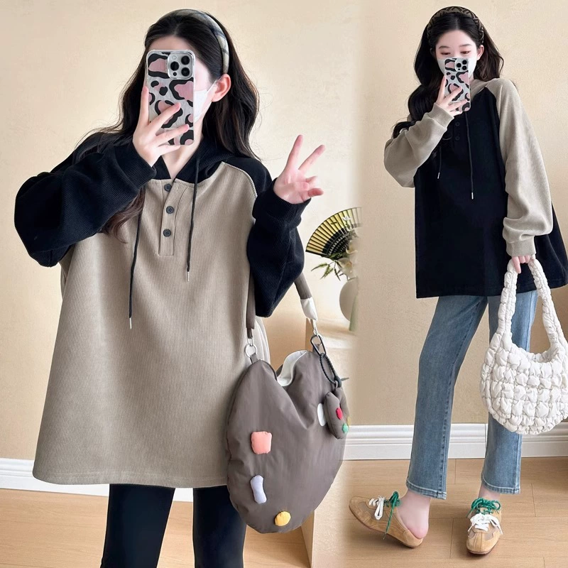 Одежда для беременных Осенняя мода цветная шапка с длинными рукавами топ свободный большой размер повседневный свитер осенняя беременность нижняя рубашка