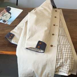 撞色格纹中长款风衣外套女2025秋冬新款韩版翻领工装棉服休闲夹克