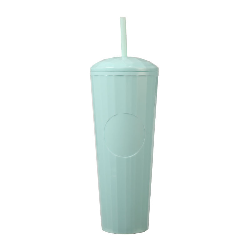夏用女性向け二重構造シンプルプラスチックカップ 大人向けクリエイティブで持ち運びやすいおしゃれな冷水用ストロー付き携帯カップ|undefined