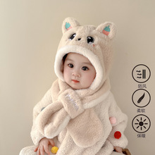 宝宝帽子秋冬款毛绒帽儿童围巾一体帽可爱超萌冬季加厚保暖护耳帽