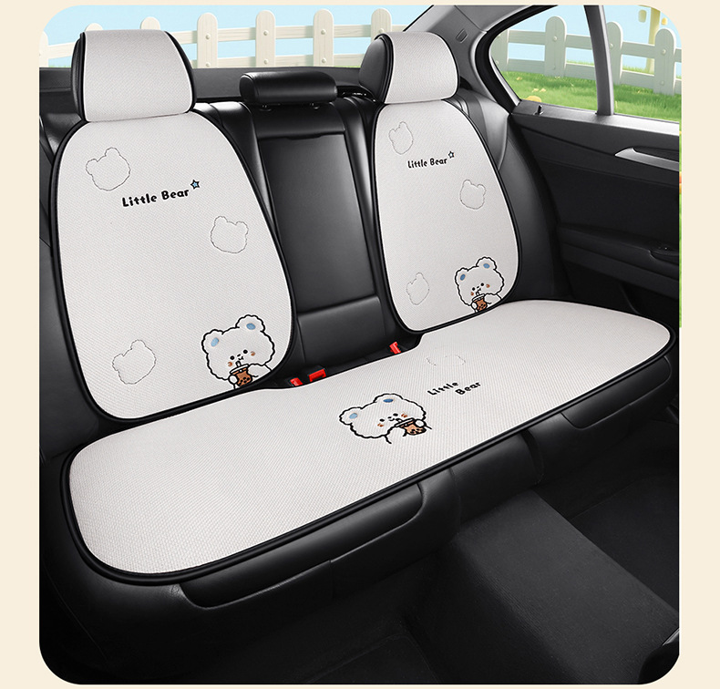X009 Pure Hemp Milk Tea Little Bear Car Seat Cushion Universal Four Seasons Car Seat Pad Cute Cartoon Seat Cover Interior Accessories