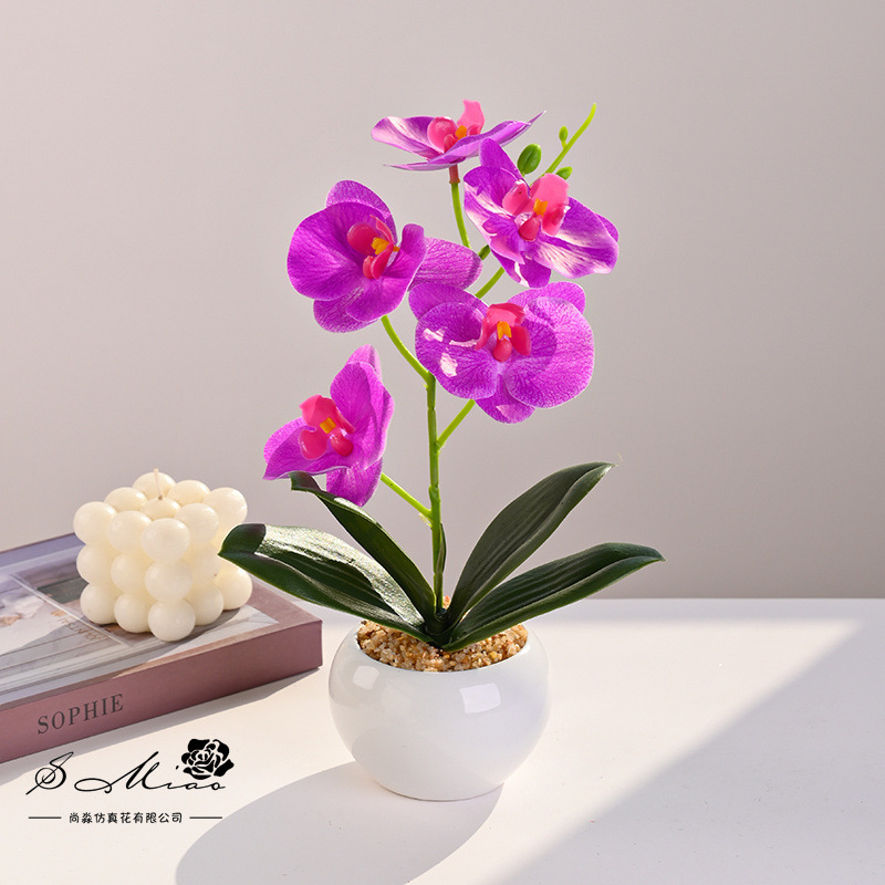 Flor artificial con tacto real, pequeño bonsái de phalaenopsis, flor artificial, adorno decorativo elegante y creativo, planta verde artificial, planta artificial en maceta. image 4