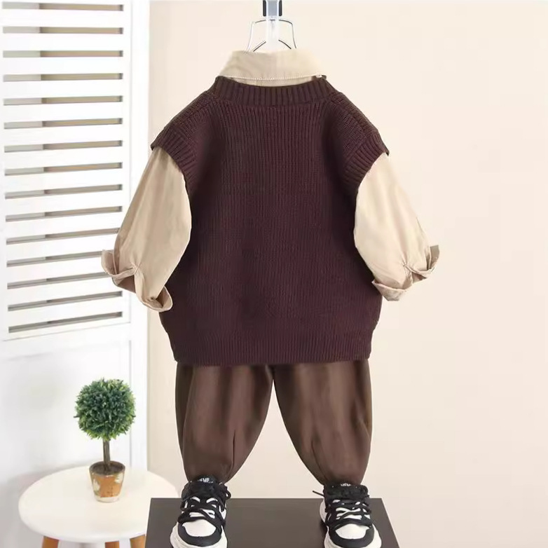 6285 Traje para niños Chaleco de otoño para niños 2025 Primavera y otoño Nuevo estilo Camisa de corbata de otoño para niños Tren de tres piezas