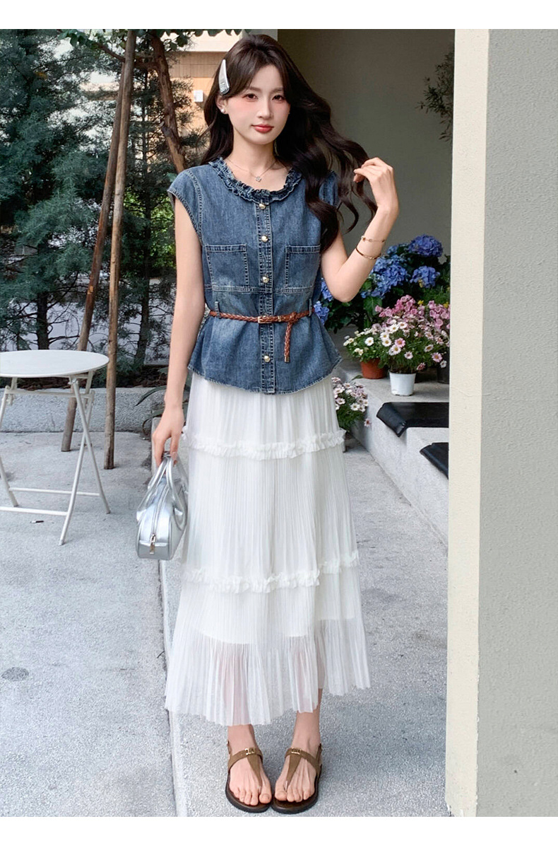 Bộ yếm quần denim không tay kết hợp chân váy ngắn nữ 2 món mùa hè 2026 — Màu ảnh chi tiết 14