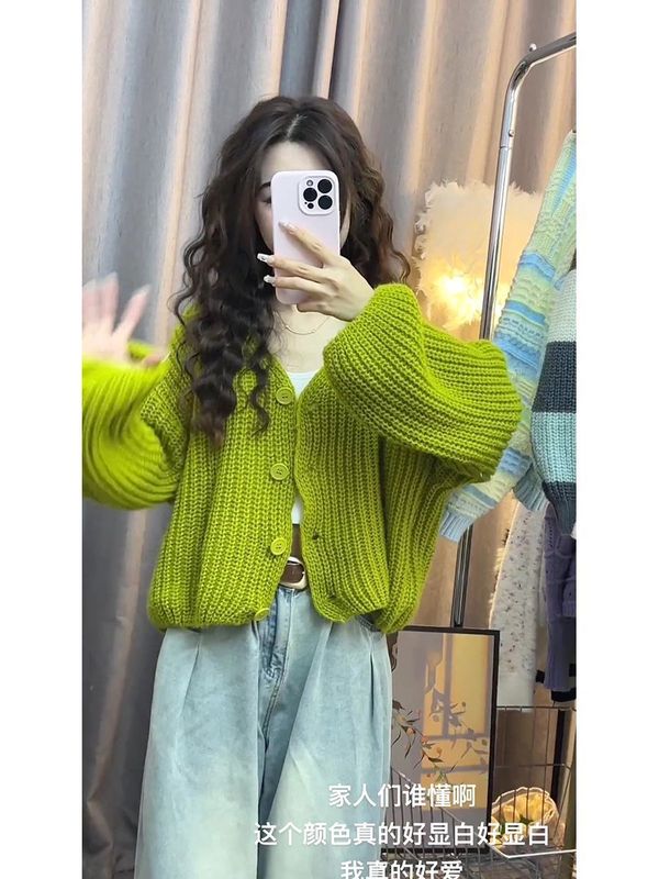 春秋2025新款针织开衫上衣女韩版灯笼袖温柔风长袖小个子短款外套|undefined